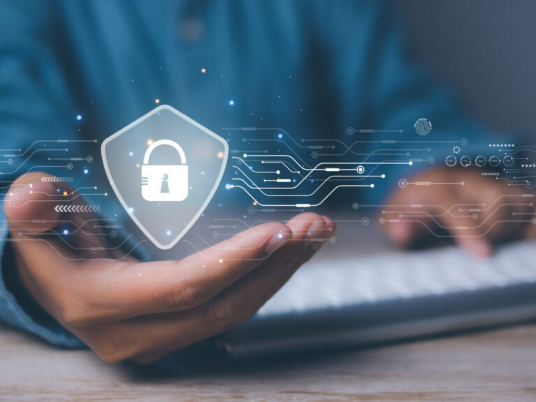 Cyber security and network protection with cybersecurity expert working. Lock icon and internet network security technology on secure access to protect server against cybercrime.