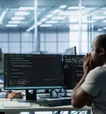 Sick IT professional in server hub sneezing while shielding data from potential threats using PC. Ill employee suffering from flu safeguarding data center against unauthorized access, camera A